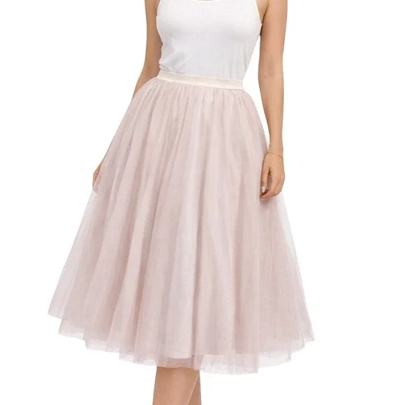 HM Women XL Light Pink Tulle Midi Skirt Elastic Waist A-Line Mesh Layered Pastel - Picture 1 of 4